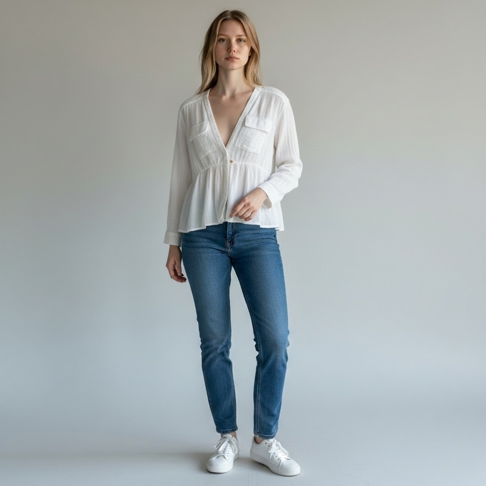 Free People We The Free White Gauze Peplum Boho Blouse Long Sleeve Medium